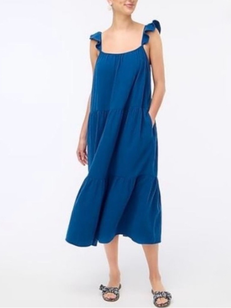 J. Crew Dress Ruffle Straps Maxi Spring Summer Pockets 100% Cotton Blue Women Xl